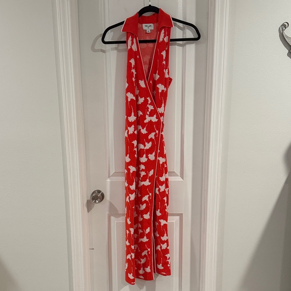 Diane Von Furstenberg Red and White Floral Wrap Midi Dress